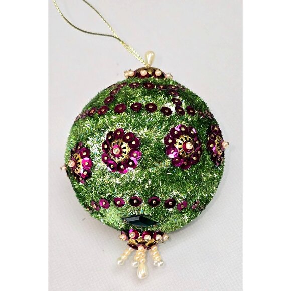 Vintage Green PUSHPIN ORNAMENT Purple Sequin Bead Ornate Christmas Tree Ball - Picture 1 of 7